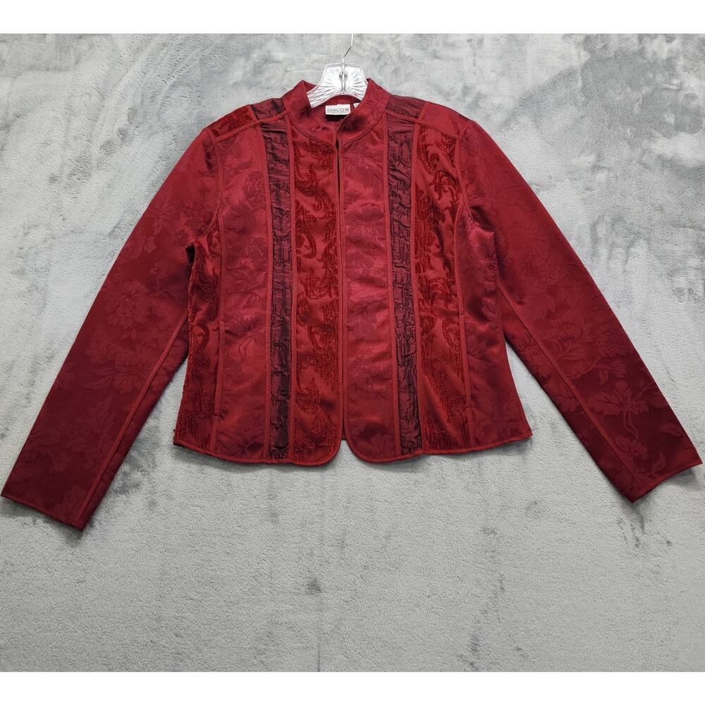 Chico's Jacket Womens 1 M/8-10 Deep Red‎ Velvet Brocade Heritage Delora Hook Eye